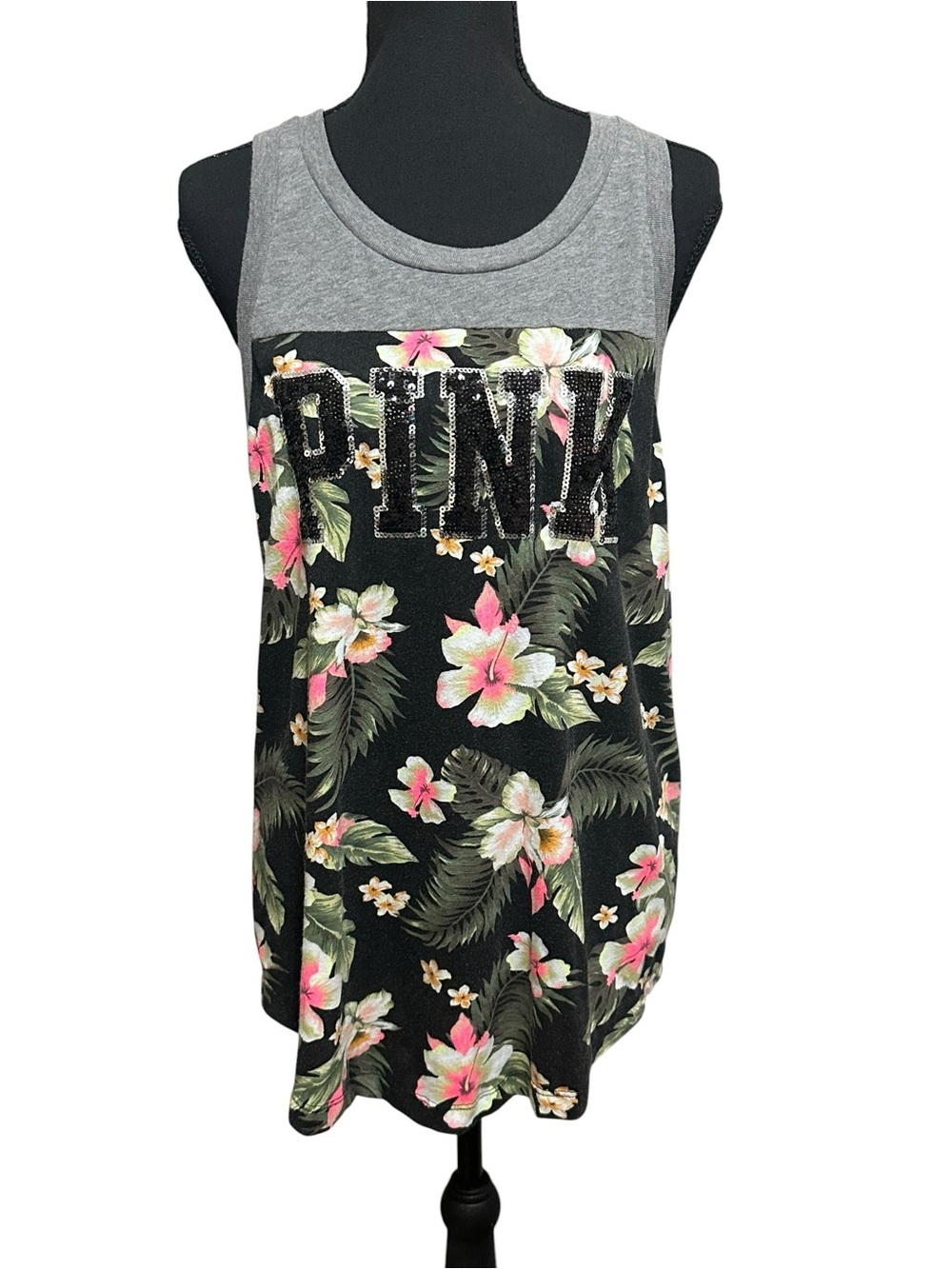 Victoria's Secret PINK Gray Tee with Pink & Green Floral Accents - Picture 3 of 5